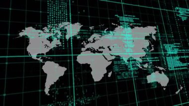 Başlangıçta dünya haritası 3D ızgarada beliriyor, tarama hattı, kod akışları veri görselleştirmesi için hareket ediyor. Fütürist, siber uzay, dijital, teknoloji, veri görselleştirme, soyut, neon