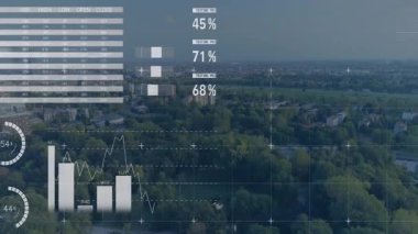 Yapraklı ufuk çizgisi animasyon paneli ve ölçü çubukları eşleştirme trendleri üzerinde hava görüntüsü açılıyor. Teknoloji, analitik, veri görselleştirme, finans, yenilik, kurumsal, kentsel