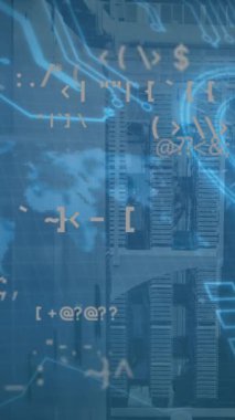 Animation of data processing and icons over server room. Global business and digital interface concept digitally generated video.