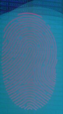 Donanma arkaplanındaki ikili kod üzerinde veri işleme ve parmak izi animasyonu. Veri işleme, ağ ve dijital güvenlik kavramı dijital olarak oluşturulmuş video.