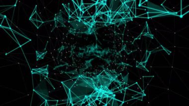 Dağıtılmış deniz mavisi noktalar başlangıç çizgileri geriliyor, 3 boyutlu üçgen örgüler ağ büyümesini gösteriyor. Fütürist, dijital, geometrik, soyut, teknoloji, yenilik, bağlantı