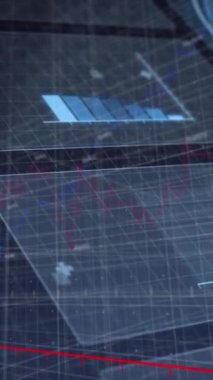 Mavi arkaplan ile veri işleme arayüzünün animasyonu. Bilgisayar arayüzü ve iş veri teknolojisi kavramı