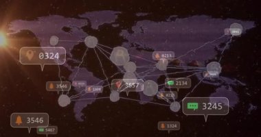 Yıldız alanında görselleştirme açılıyor, darbe düğümleri, çizgiler, mor harita üzerinde ortaya çıkan veri akışı. Coğrafya, bağlantı, veri, teknoloji, dijital, analitik, fütürist