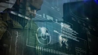 Teknik analist, aletleri animasyon dünya haritası olarak eğip tarıyor ve gösterge paneli rehber analizi oluşturuyor. Fütürist, dijital, sürükleyici, yüksek teknoloji, analitik, veri görselleştirme, bilim kurgu