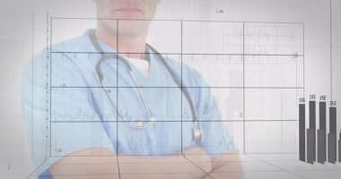 Şebeke oluşurken ayakta duran bir doktor ve yükselen tıbbi verileri gösteren ekokardiyogram dalgalanması. Tıbbi, teknoloji, veri, görselleştirme, sağlık, analiz, yenilik