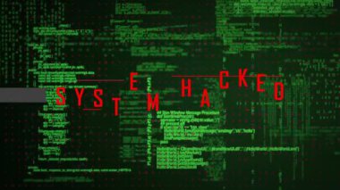 Yeşil kodların yanıp sönmesinden ve ana hatları tararken SİSTEM 'i hizalamasından sonra. Siber güvenlik, dijital, arıza, teknoloji, kod, müdahale, fütüristik