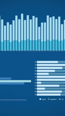Mavi arkaplanda çeşitli grafiklerin animasyonu. Küresel finans, para ve ekonomi kavramı dijital olarak üretilen video.