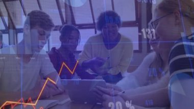 Finans grafikleri proje analizi için zayıflarken öğrenciler tablete yazıp işaret ediyorlar. İşbirliği, eğitim, yenilik, takım çalışması, öğrenme, analiz, teknoloji