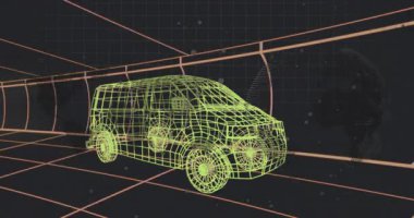 Küre, model görselleştirme için tanımlama yaparken, neon sarı kablo minibüsü ızgara tüneline yükledikten sonra. Fütürist, dijital, holografik, soyut, teknoloji, yenilik, sanal