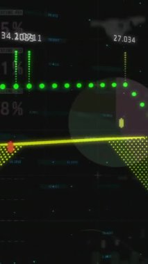Veri işleme ve karanlık arka plan istatistiklerinin animasyonu. Küresel eğitim, işletme, bağlantılar, hesaplama ve veri işleme kavramı dijital olarak oluşturulmuş video.