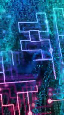 Devre kartından yeşil ağ ve veri işleme animasyonu. Küresel veri işleme, dijital arayüz ve bağlantılar konsepti dijital olarak oluşturulmuş video.