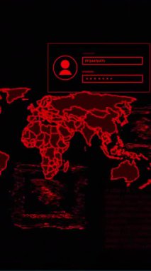 Bilgisayar sunucuları üzerinde dünya haritası ve veri işleme animasyonu. Küresel bağlantılar, bulut hesaplama ve veri işleme kavramı dijital olarak oluşturulmuş video.