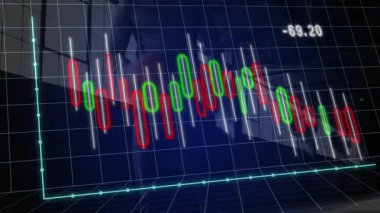 Tabletteki maliyeyi izleyen adam, ofisi kaplayan 3 boyutlu şamdan çizelgesini canlandıran veri değerleri. Finansal analiz, veri görselleştirme, borsa, dijital arayüz, modern çalışma alanı, iş analizleri, teknoloji