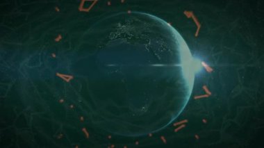 Yavaşça dönen dijital küresel ağ başlatma düğümleri dışa doğru titreşerek kırmızı turuncu haleyi oluşturur. Küre, bağlantı, teknoloji, siber alan, yenilik, dijital, fütüristik