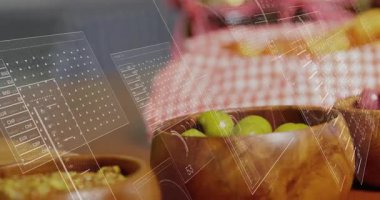 Kamera zeytin, granola, çilek kaselerini beslenme amaçlı tararken veriler ortaya çıkıyor. Organik, sağlıklı, yiyecek, teknoloji, mahsul, aşçılık, minimalist