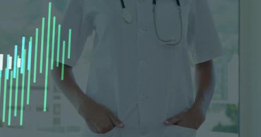 Doktor pencerede duruyor. Canlandırılmış dalga formu ortaya çıkıyor ve hasta verilerini parlaklaştırıyor. Sağlık, tıbbi, profesyonel, teknoloji, modern, analiz, teşhis