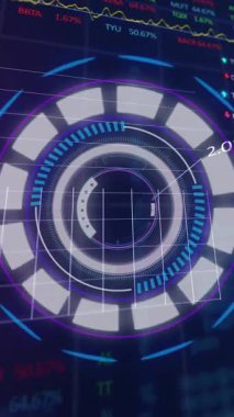 İstatistiksel ve borsa veri işleme üzerinde dönen yuvarlak tarayıcının animasyonu. Küresel ekonomi ve iş veri teknolojisi kavramı