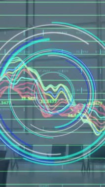 Animation of neon round scanner and data processing against time-lapse of people walking at office. Computer interface and business data technology concept