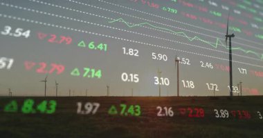 Piyasa değişimlerini gösteren yeşil trend çizgisi olarak rüzgar türbinlerini kaplayan şeffaf hisse senedi verileri. Sürdürülebilirlik, yenilenebilirlik, teknoloji, veri görselleştirme, çevre, enerji, yenilik