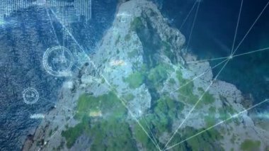 Sistem adacık taramasını başlatıyor, çizgiler yayıyor ve şebeke okyanus üzerinde genişliyor. Hava, dijital, bağlantı, haritalama, görselleştirme, keşif, izleme