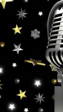 Siyah arka planda Noel Baba şapkalı retro mikrofon animasyonu. Noel, şenlik, kutlama ve gelenek konsepti dijital olarak oluşturuldu.