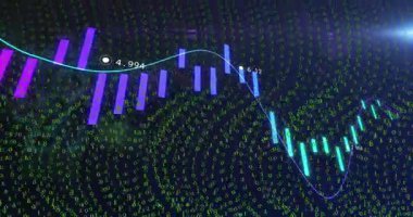Piyasa salınımlarını gösteren mor-gök mavisi çizgileri ve çizgi boyunca kayan işaretlerle açılış tablosu. Dijital, analitik, fütüristik, veri görselleştirme, teknoloji, yenilik, siber alan