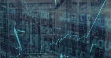 Başlangıçta grafik yukarı doğru atarken sunucu rafları sabit kalır oklarla veri dalgalanması olur. Teknoloji, analitik, büyüme, dijital, yenilik, veri görselleştirme, siber güvenlik