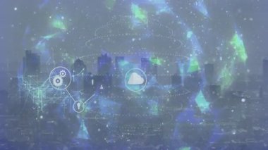 Ufuk çizgisi üzerinde dönen 3D küre ortaya çıkan ve dijital ağa bağlanan simgeleri başlatıyor. Teknoloji, bağlantı, siber alan, yenilik, dijital, geleceksel, ağ