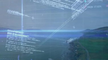 Açılış kıyı şeridinde AR örtüşmesi ikili kod kaydırması, ızgara çizgileri, kalp güncellemeleri ile ortaya çıkıyor. Gelecekçi, teknoloji, ui, manzara, veri görselleştirme, dijital, manzaralı