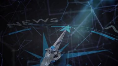 Ağ çizgileri sürüklenen iğne dönüşünden sonra, NEWS harfleri üst aramada NEWS girişini sunar. Dijital, geleceksel, teknoloji, yenilik, iletişim, animasyon, veri