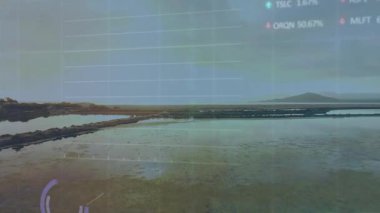 Sahil tuzu düz şafak görüntüsü ızgarayı başlatıyor sonra da canlı ölçümleri gösteren grafikleri ve göstergeleri canlandırıyor. Yansıma, analitik, veri görselleştirme, manzara, açık hava, gün doğumu, teknoloji