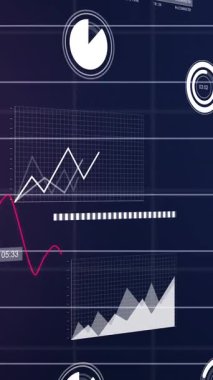 Mor gradyan arka plana karşı ızgara ağı üzerinden istatistiksel veri işleme animasyonu. Küresel ekonomi ve iş veri teknolojisi kavramı