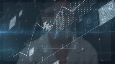 Siluet adam holografik arayüzde kare tıklama, veri analizi için çizgi çizim düğümleri. Teknoloji, veri görselleştirme, yenilik, analitik, fütüristik, bilim, dijital arayüz