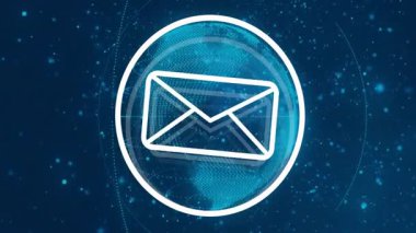 Ok simgesi solup giden zarf neon halkada ortaya çıktıktan sonra titreşen küre yeni bir mesaj gösteriyor. Fütürist, dijital, teknoloji, iletişim, yenilik, neon, arayüz