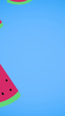 Mavi arka planda yüzen tek karpuz animasyonu. tropikal meyve, refah, yaz ve tatil konsepti dijital olarak üretilen video.