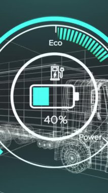 Donanma arkaplanındaki elektrik kamyonu projesinde batarya seviyesinin canlandırılması. elektrikli araba, yeşil enerji, eko güç, sürdürülebilirlik ve teknoloji konsepti dijital olarak oluşturulmuş video.