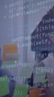 Afro-Amerikan erkek ve kadının notlar üzerinde tartıştığı veri işleme animasyonu. Bilgisayar arayüzü ve iş teknolojisi kavramı