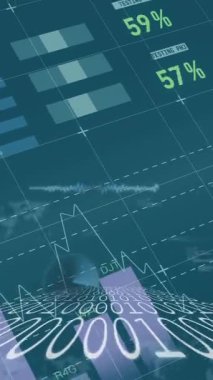 Mavi arkaplanda veri işleme ve ikili kodlama animasyonu. küresel iş, finans, bağlantılar ve dijital arayüz konsepti dijital olarak oluşturulmuş video.