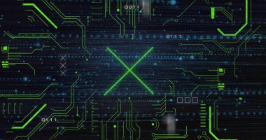 Siber arayüz boyunca ilerleyen ikili basamaklar ve neon-yeşil izler parlayan X 'i oluşturuyor. Teknoloji, siber güvenlik, dijital, ağ, yenilik, fütürist, veri