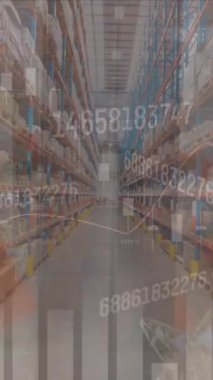 Depoda veri işleme animasyonu. Küresel iş ve dijital arayüz kavramı dijital olarak oluşturulmuş video.