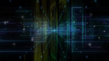 Merkezi parlayan düğüm, veri akışını görselleştirmek için ızgara çizgileri ve sürüklenen rakam sembolleri oluşturmaya başlıyor. Gelecek, teknoloji, soyut, dijital, siber, veri, ağ