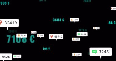 Siyah ekranın açılması başlatılan para birimi sohbet, pin ve veri akışını gösteren çan simgeleriyle sürükleniyor. Dijital, analitik, modern, teknoloji, veri, finans, görselleştirme