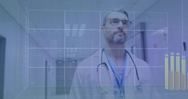 Doktor koridoru 3 boyutlu ızgaranın yükselen parmaklıklarla ve hasta bakımı dalgalanmalarıyla ortaya çıkmasına neden oluyor. Sağlık, dijital, teknoloji, yenilik, tanı, tıbbi, veri