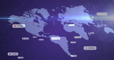 Işık, ağ büyümesini göstermek için bölgeleri birleştiren ve yumurtlayan rozetlerle dünya haritasını canlandırıyor. Küresel bağlantı, veri görselleştirme, ağ genişlemesi, dijital haritalama, teknolojik yenilik, soyut tasarım, uzaysal analiz