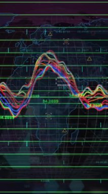 Dünya haritasında finansal veri işleme animasyonu. Küresel iş, finans, bağlantılar, hesaplama ve veri işleme kavramı dijital olarak oluşturulmuş video.