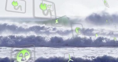 Tehlike ve enerji ikonları enerji akışını görselleştirirken dalgaların yükselip kıvrılmasından sonra. Sürdürülebilirlik, yenilenebilirlik, çevre, teknoloji, koruma, dinamik, çevre dostu