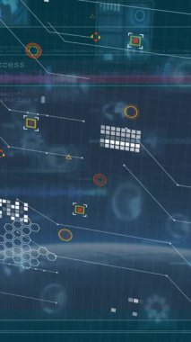 Karanlık arka planda dijital arayüz ve veri işleme animasyonu. Dijital olarak oluşturulmuş küresel veri işleme kavramı.