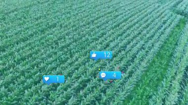 İnsansız hava aracı mavi sosyal simgeleri fırlatıyor, sayıları güncelliyor, çarpışma için alanı değiştiriyor. Doğa, tarım, hava, dijital, etkileşim, teknoloji, tarım