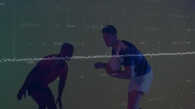 İki erkek sporcu, yüzen sayısal örtüler arasında yere indirmek için kollarını kaldırarak mücadele ediyor. Sporcular, fitness, rekabet, teknoloji, veri görselleştirme, eğitim, spor bilimi