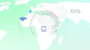 Haritanın açılışı dönen kablo küresi şeklinde çözülüyor bağlantı simgeleri bölgeleri birbirine bağlıyor. Ağ, küreselleşme, bağlantı, dijital, iletişim, teknoloji, altyapı